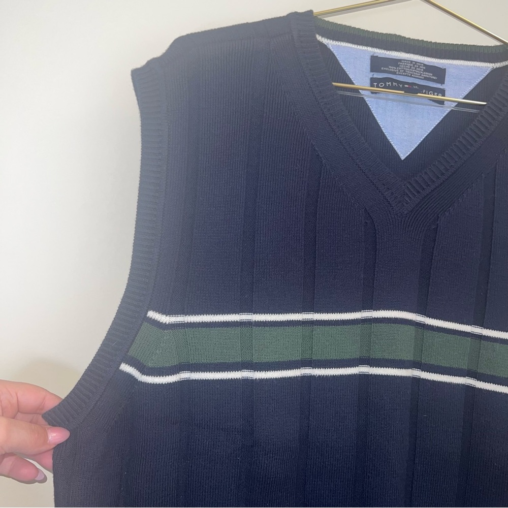Tommy Hilfiger Navy Striped Sweater Vest XL Cotton Preppy Golf Academia - Picture 3 of 6